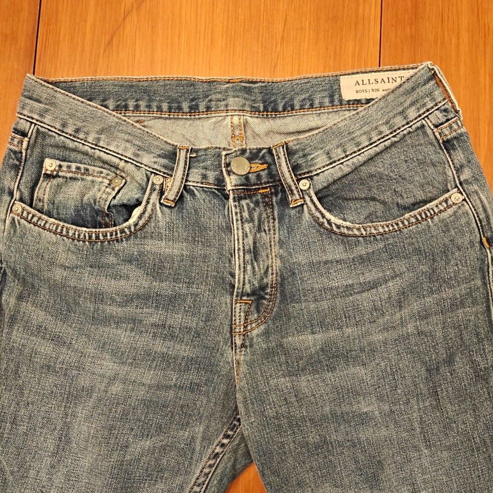 ALLSAINTS Straight Leg Boyfriend Jeans Blue Wash Distressed Cuffs Womens Size 26 - Picture 2 of 8